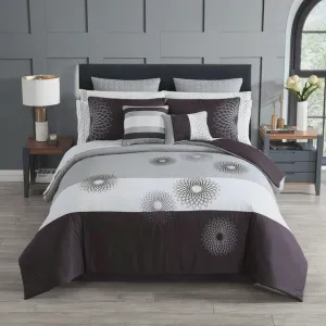 14 Piece Bed-in-a-Bag Set, Plum & Grey, Floral Embroidered Bedding Set