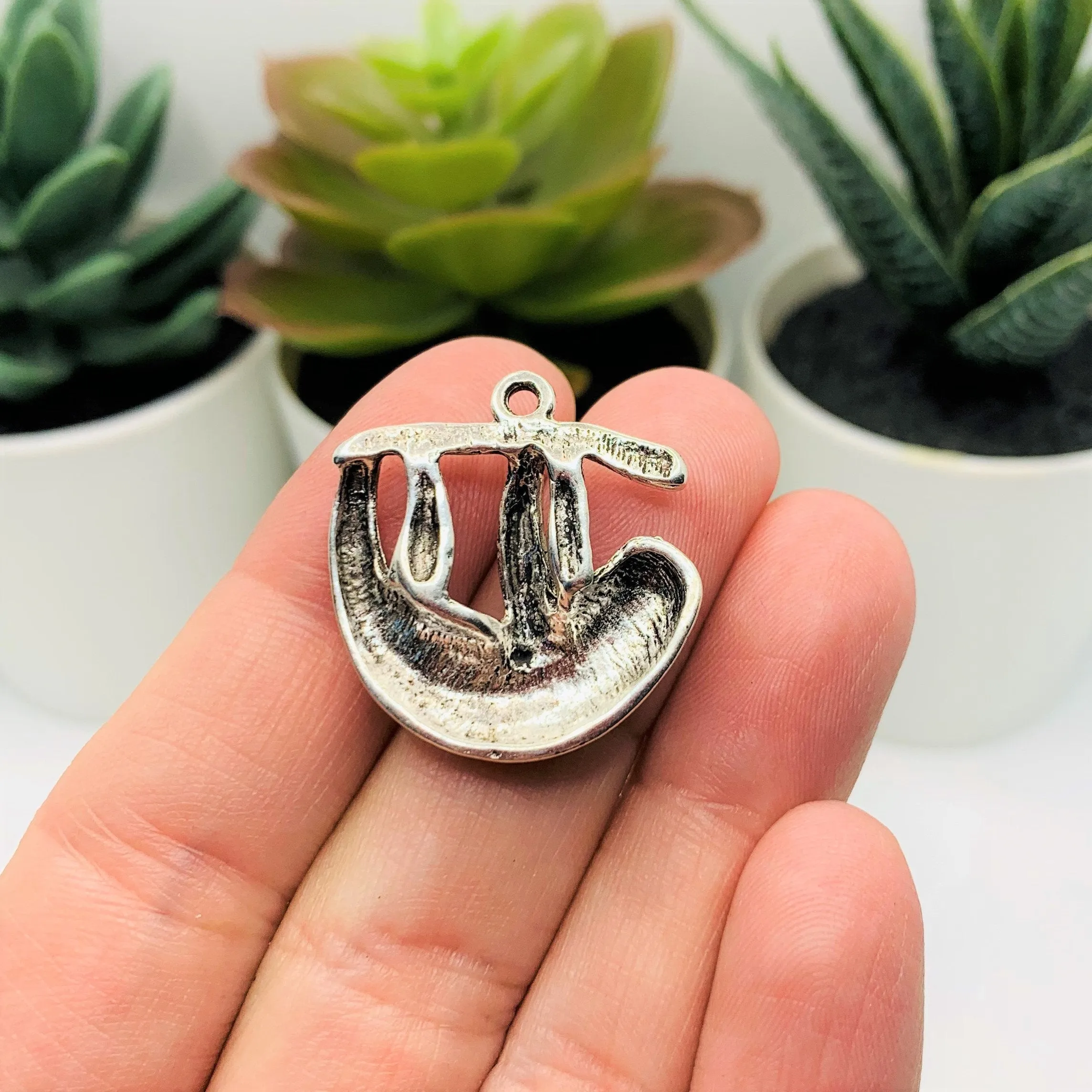 4, 12 or 25 Pieces: Silver Sloth on Branch Charms