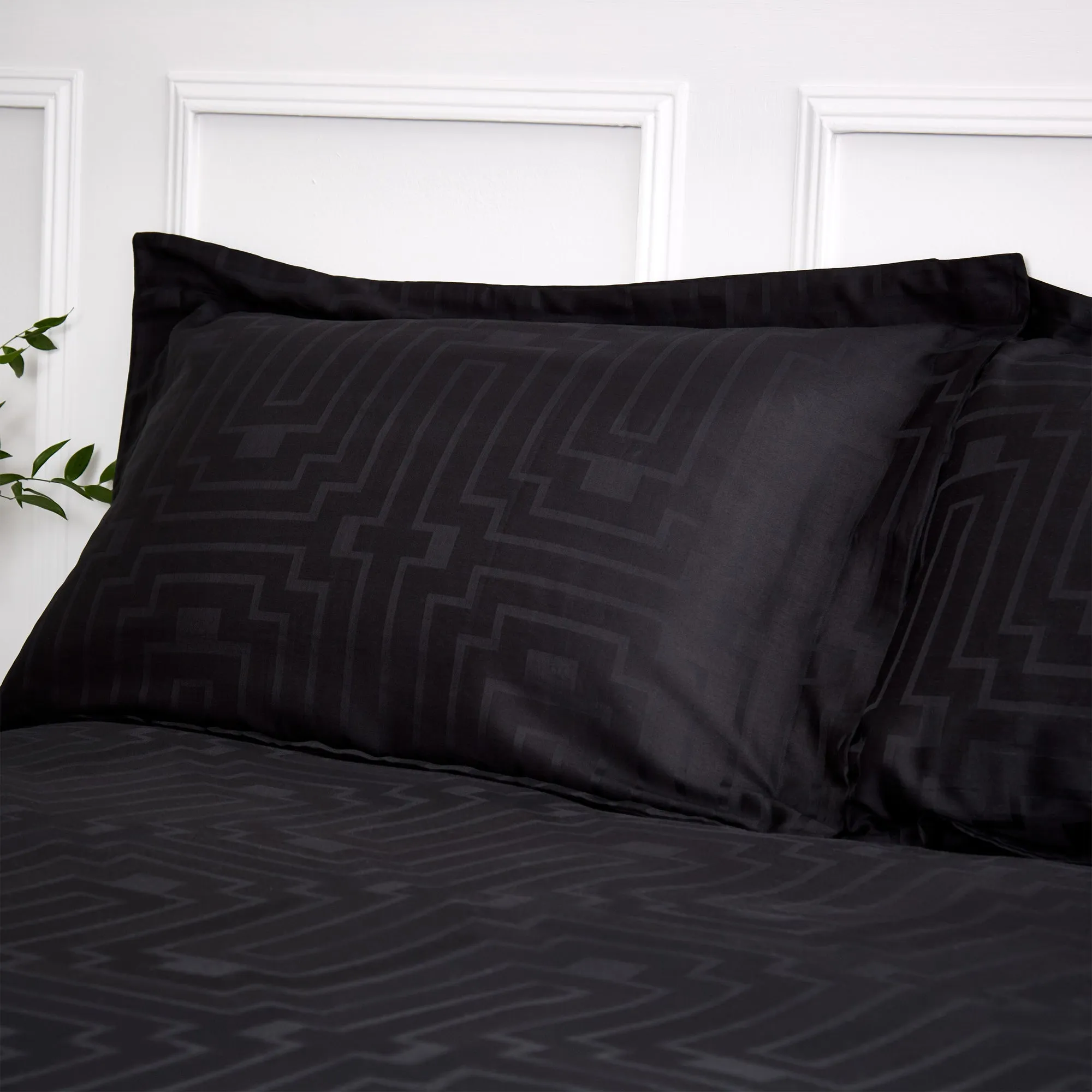 Bianca Black Satin Geo Jacquard Cotton Oxford Pillowcase Pair