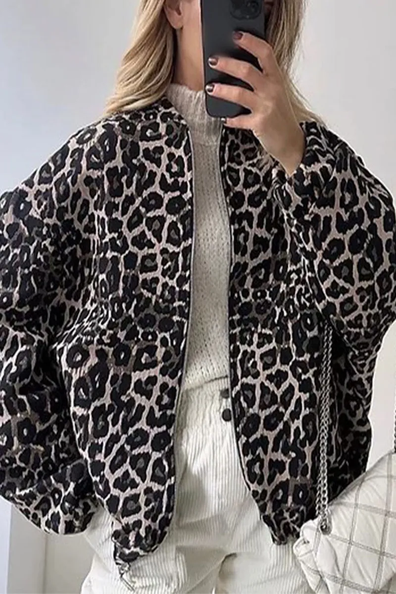 Casual Daily Leopard Print Contrast O Neck Outerwear