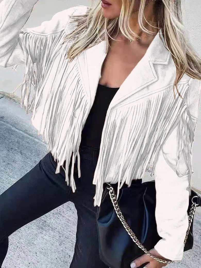 Coats Lapel Fringe Long Sleeve Coat for Women