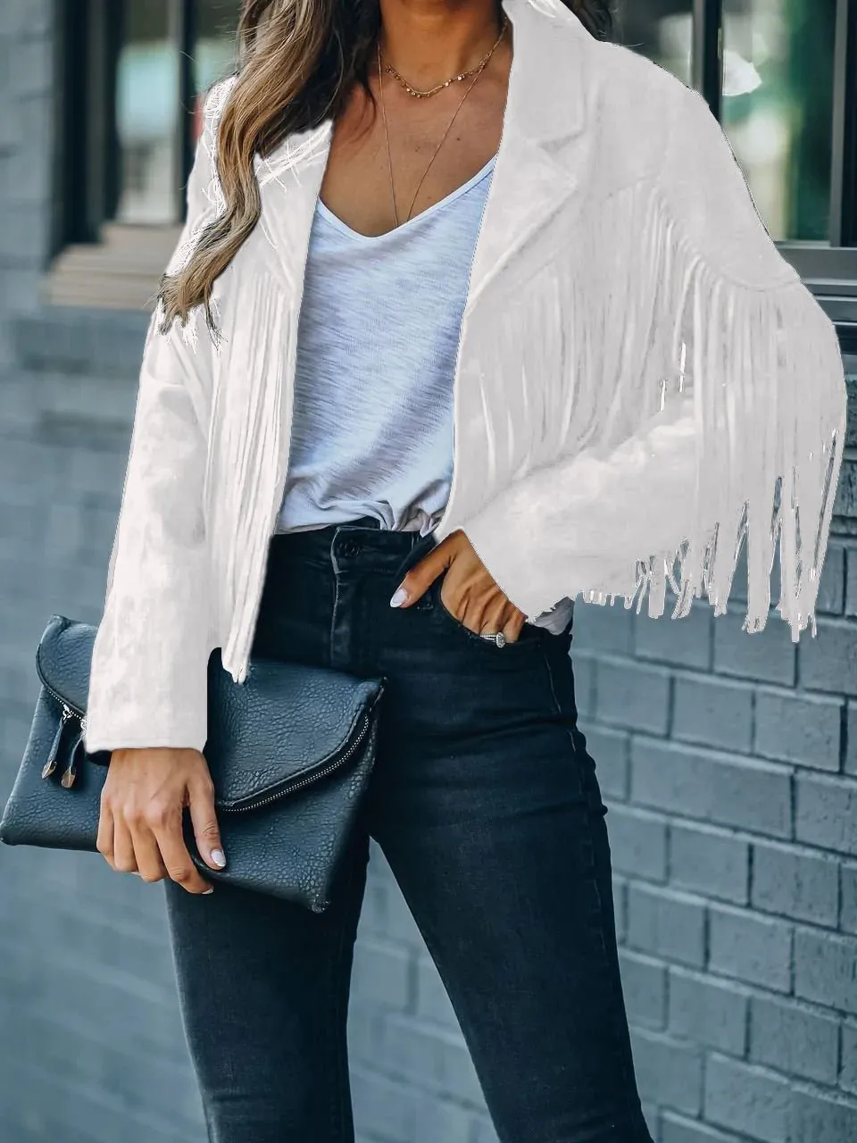 Coats Lapel Fringe Long Sleeve Coat for Women