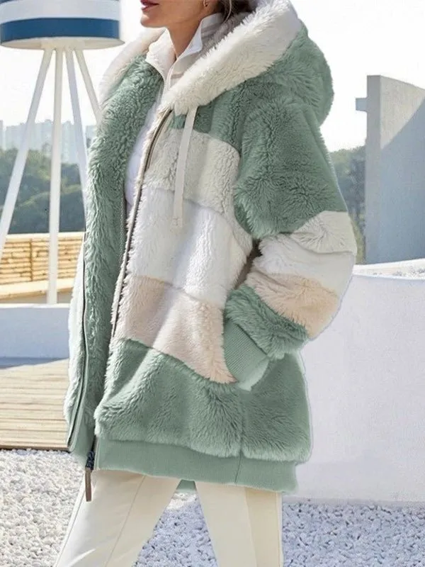 Coats Warm Plush Patchwork Loose Coat for Women