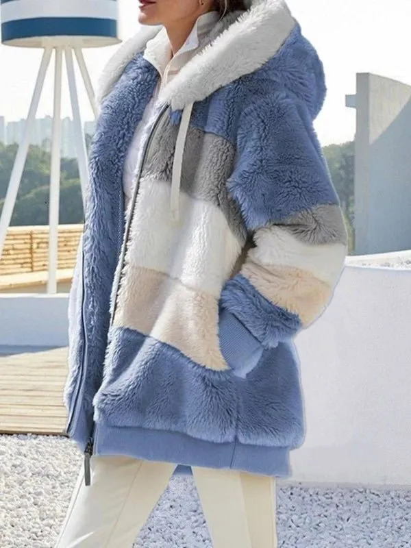 Coats Warm Plush Patchwork Loose Coat for Women