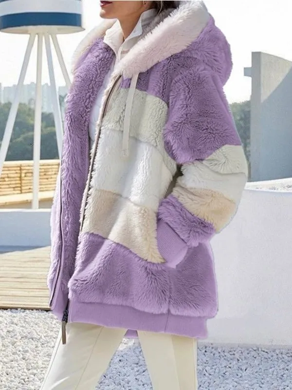 Coats Warm Plush Patchwork Loose Coat for Women