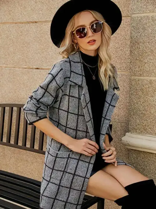 Coats - Women’s houndstooth lapel knitted cardigan