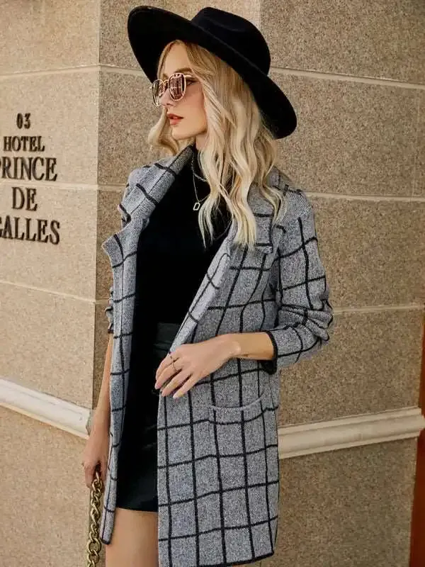 Coats - Women’s houndstooth lapel knitted cardigan