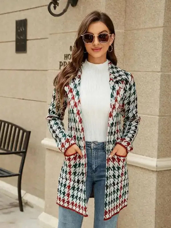 Coats - Women’s houndstooth lapel knitted cardigan