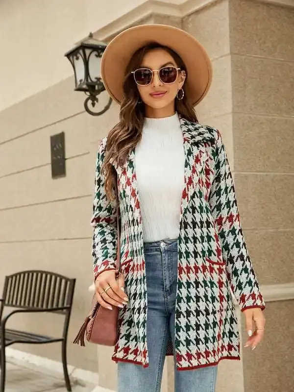 Coats - Women’s houndstooth lapel knitted cardigan