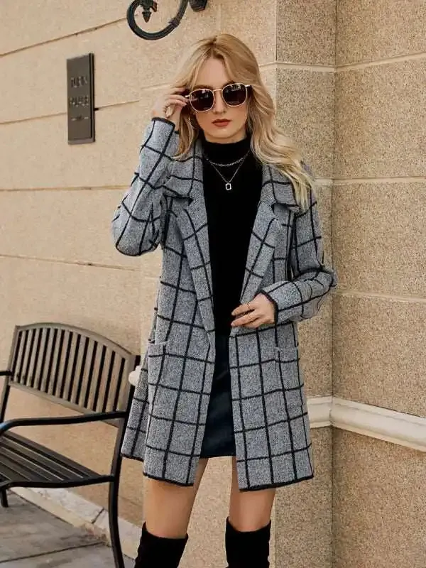 Coats - Women’s houndstooth lapel knitted cardigan