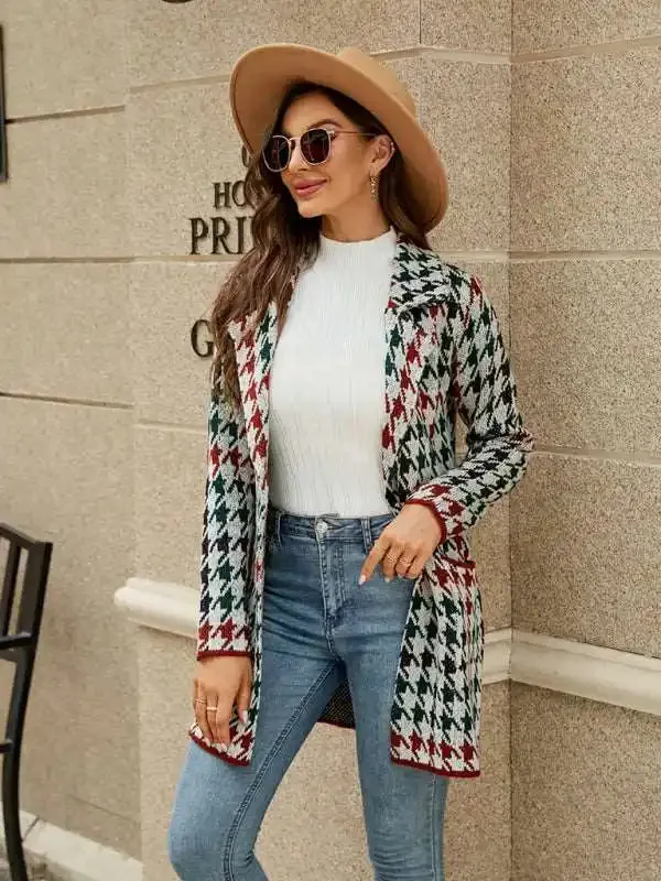 Coats - Women’s houndstooth lapel knitted cardigan