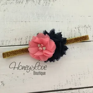 Coral and Navy - Silver or Gold glitter headband