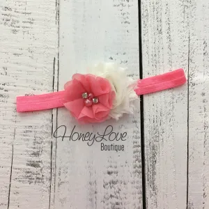 Coral Pink and Ivory shabby chiffon flower headband