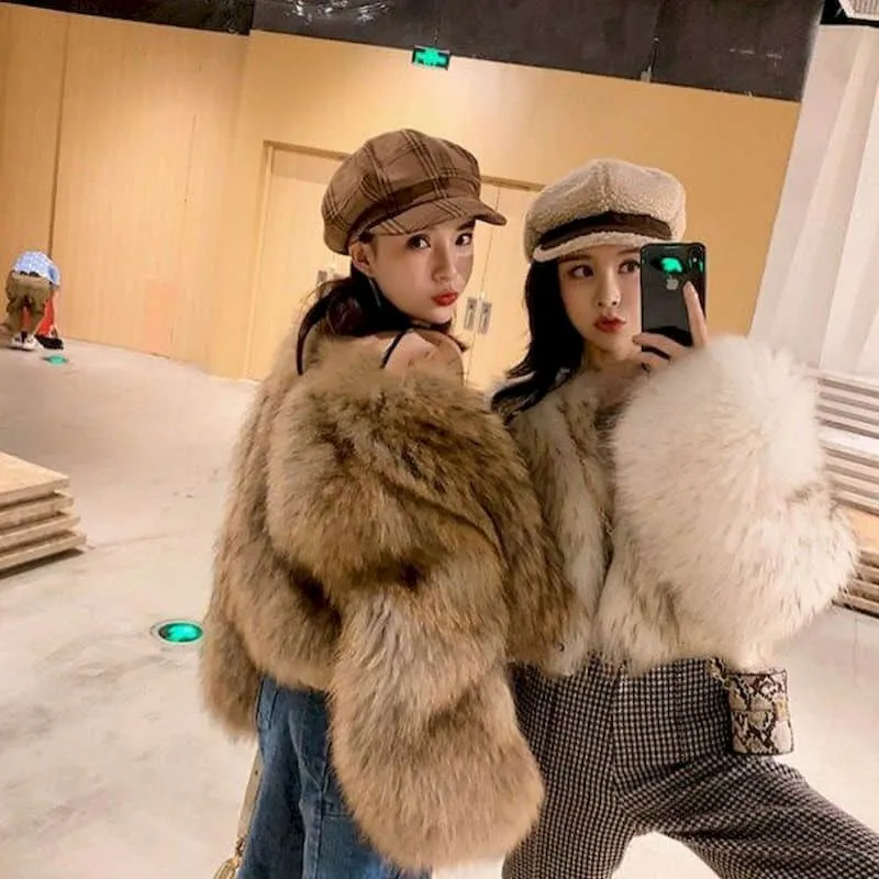 deanwangkt Women's fur coat elegant sexy high street clothing new short fox raccoon fur trumpet sleeve fashion western Retro thick jacket