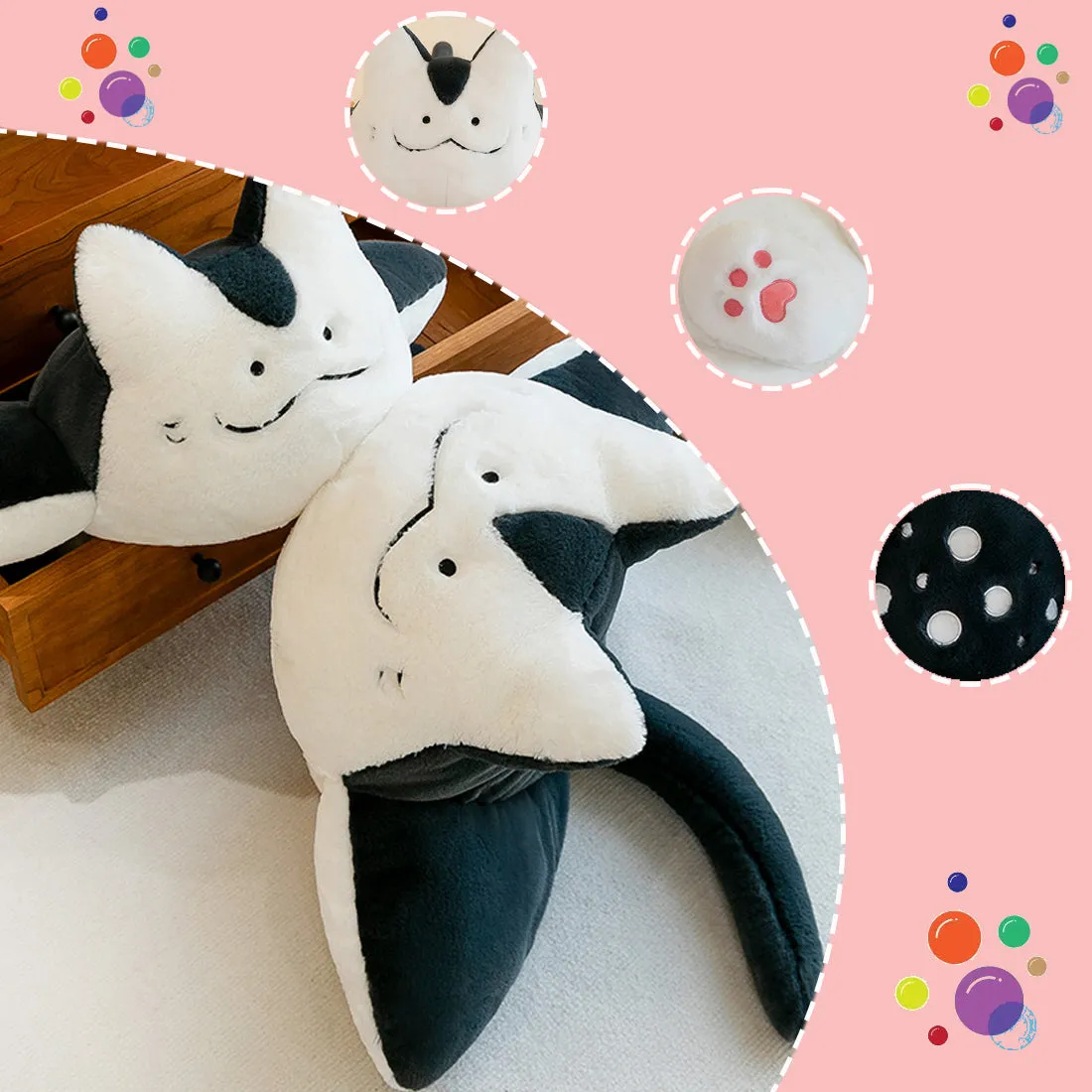 ELAINREN Stingray Fish Cat Plush Pillow Cartoon Skate Fish Kitten Plushie Deep Sea Toy Gifts/75cm