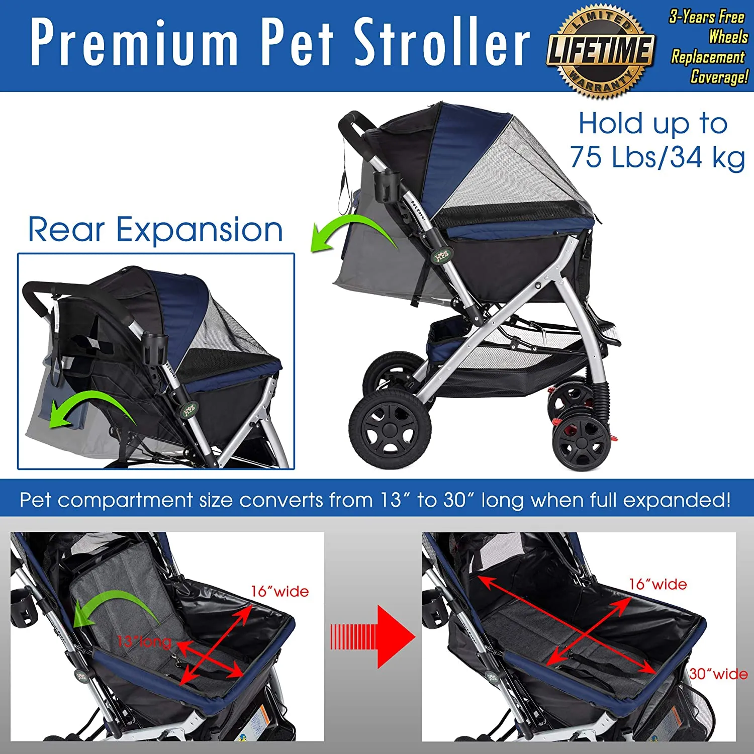 Heavy Duty Dog Stroller, Pet Stroller with Convertible Compartment