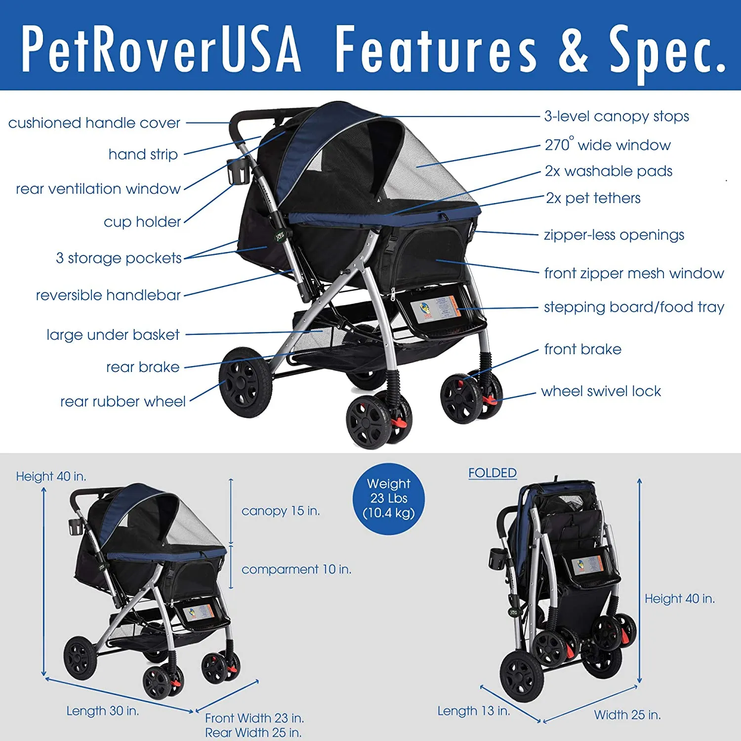 Heavy Duty Dog Stroller, Pet Stroller with Convertible Compartment