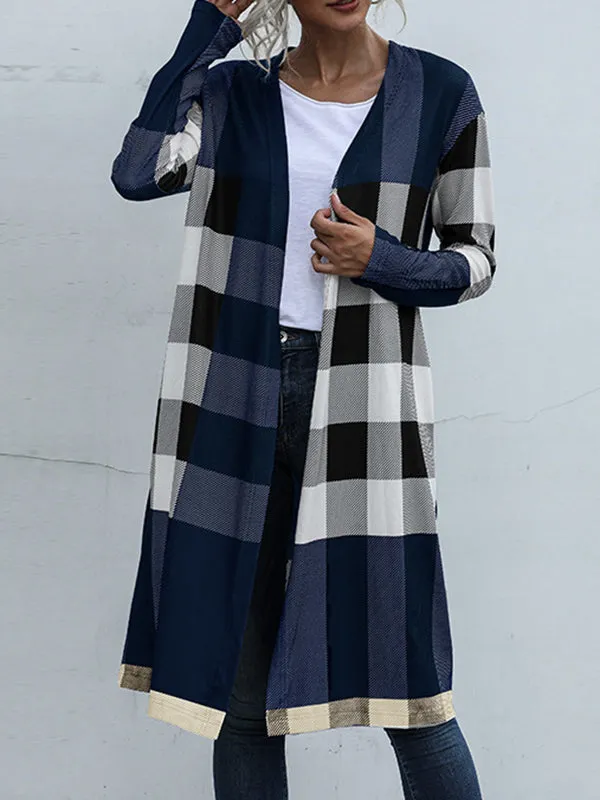 Long Sleeves Loose Plaid Collarless Outerwear