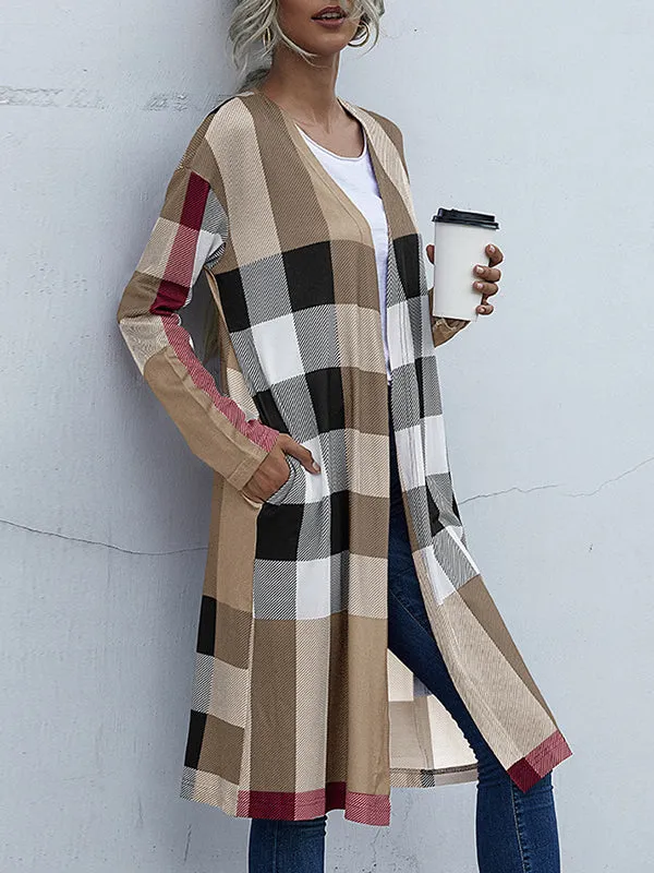 Long Sleeves Loose Plaid Collarless Outerwear