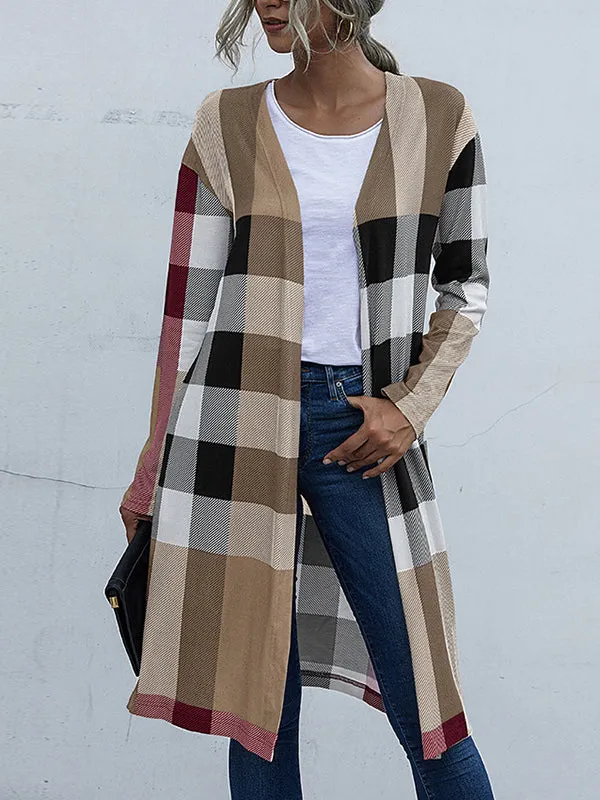 Long Sleeves Loose Plaid Collarless Outerwear