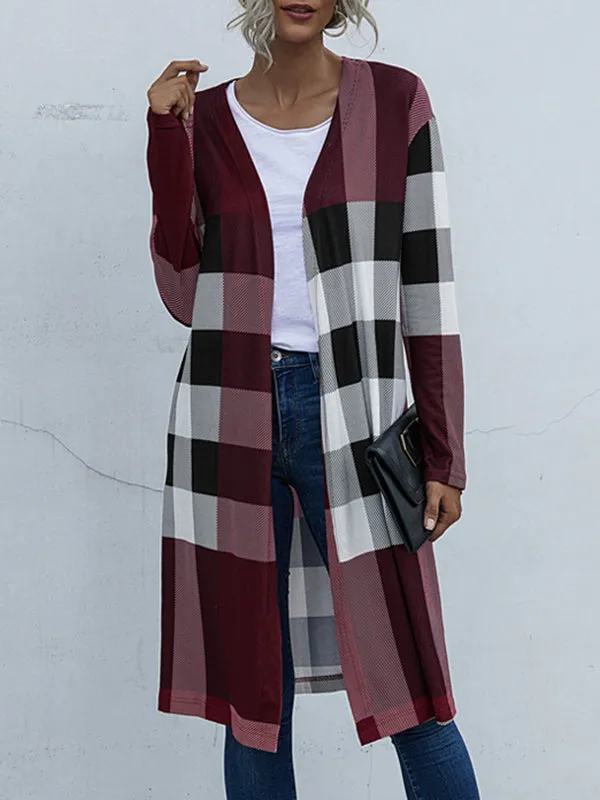 Long Sleeves Loose Plaid Collarless Outerwear