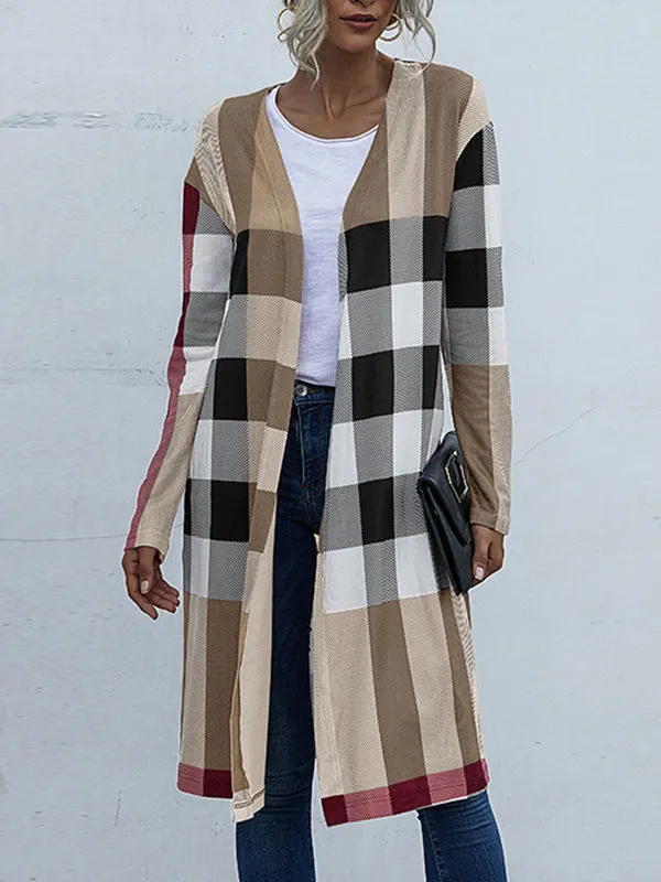 Long Sleeves Loose Plaid Collarless Outerwear