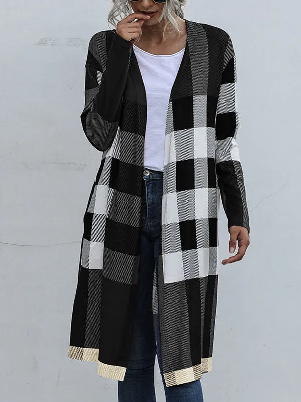 Long Sleeves Loose Plaid Collarless Outerwear