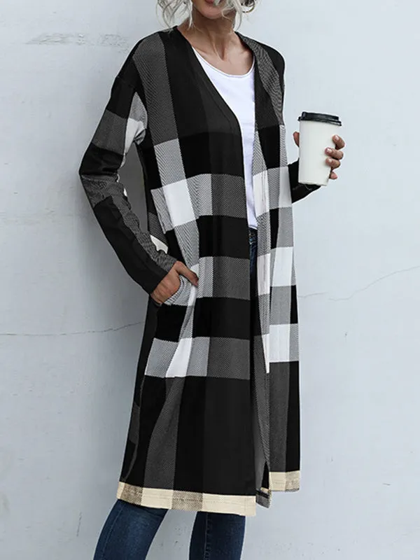 Long Sleeves Loose Plaid Collarless Outerwear