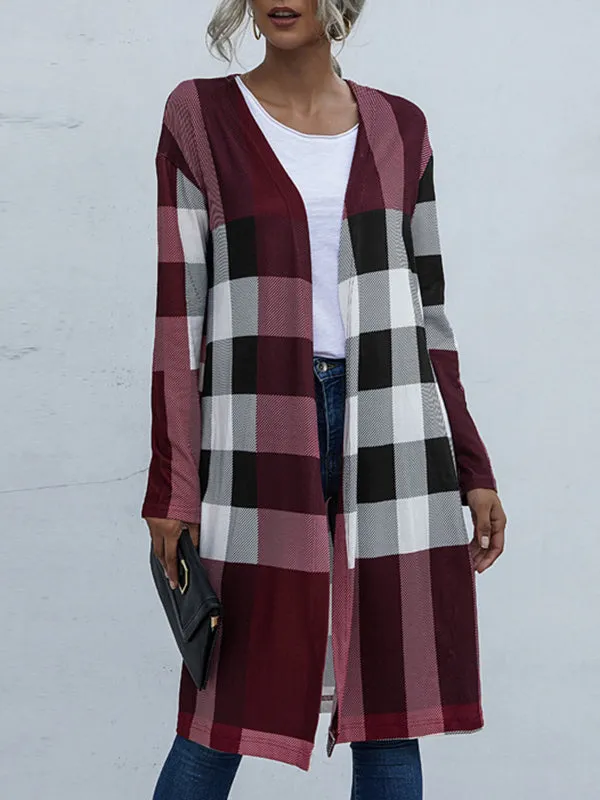 Long Sleeves Loose Plaid Collarless Outerwear