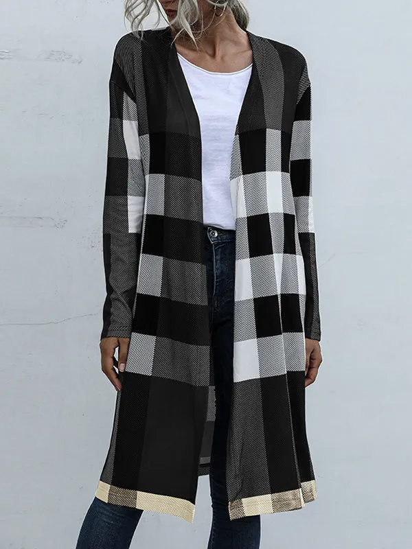 Long Sleeves Loose Plaid Collarless Outerwear