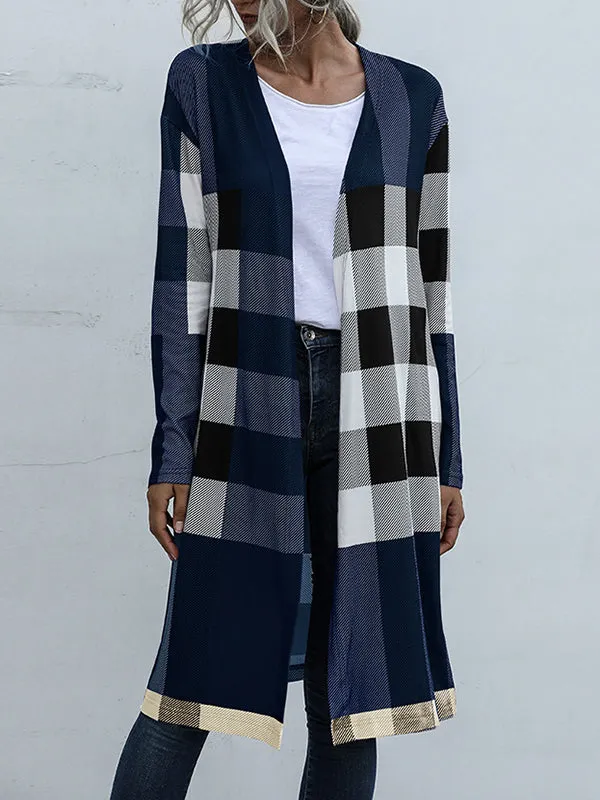 Long Sleeves Loose Plaid Collarless Outerwear