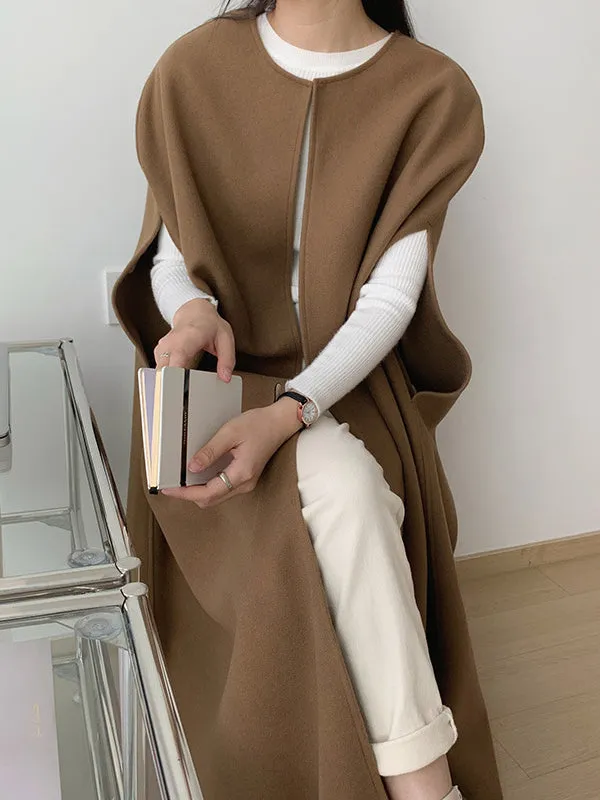 Loose Sleeveless Solid Color Round-Neck Cape Outerwear