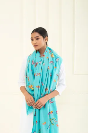 Majestic Seam Cerulean Embroidered Jaali Pashmina Shawl