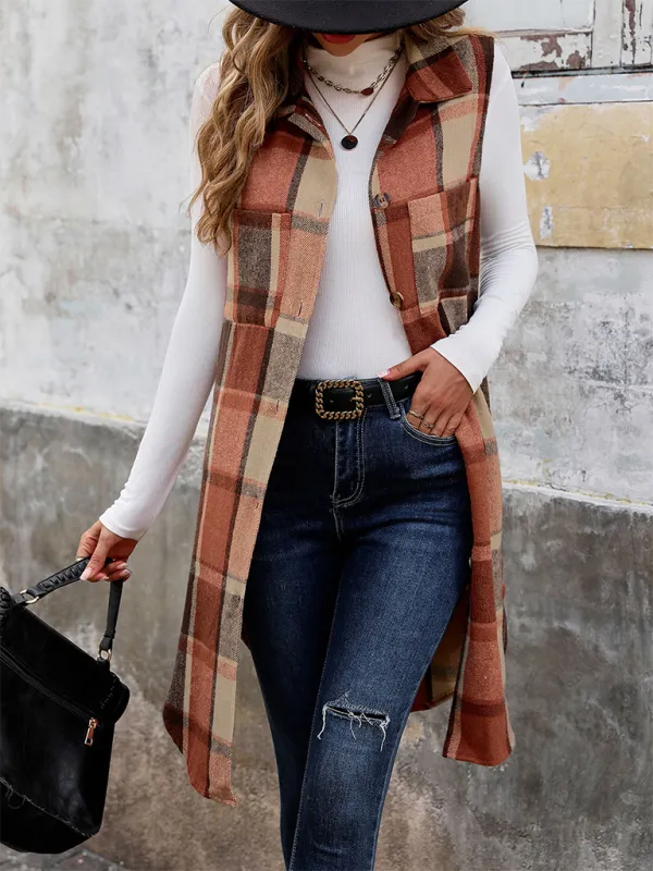 New Sleeveless Lapel Cardigan Jacket Retro Mid-Length Plaid Vest