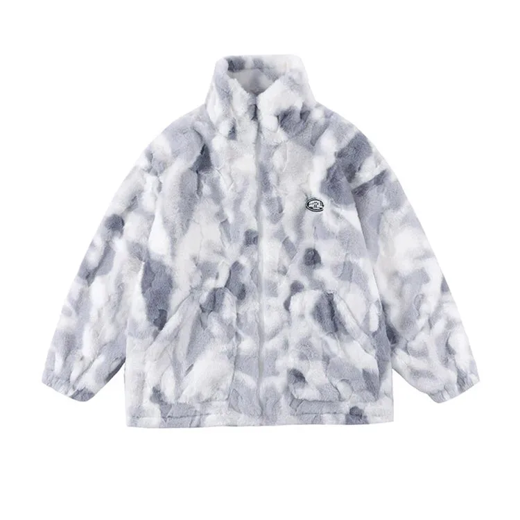 New Women's Tie Dye Lamb Fleece Jacket Autumn Winter Zipper Outerwear