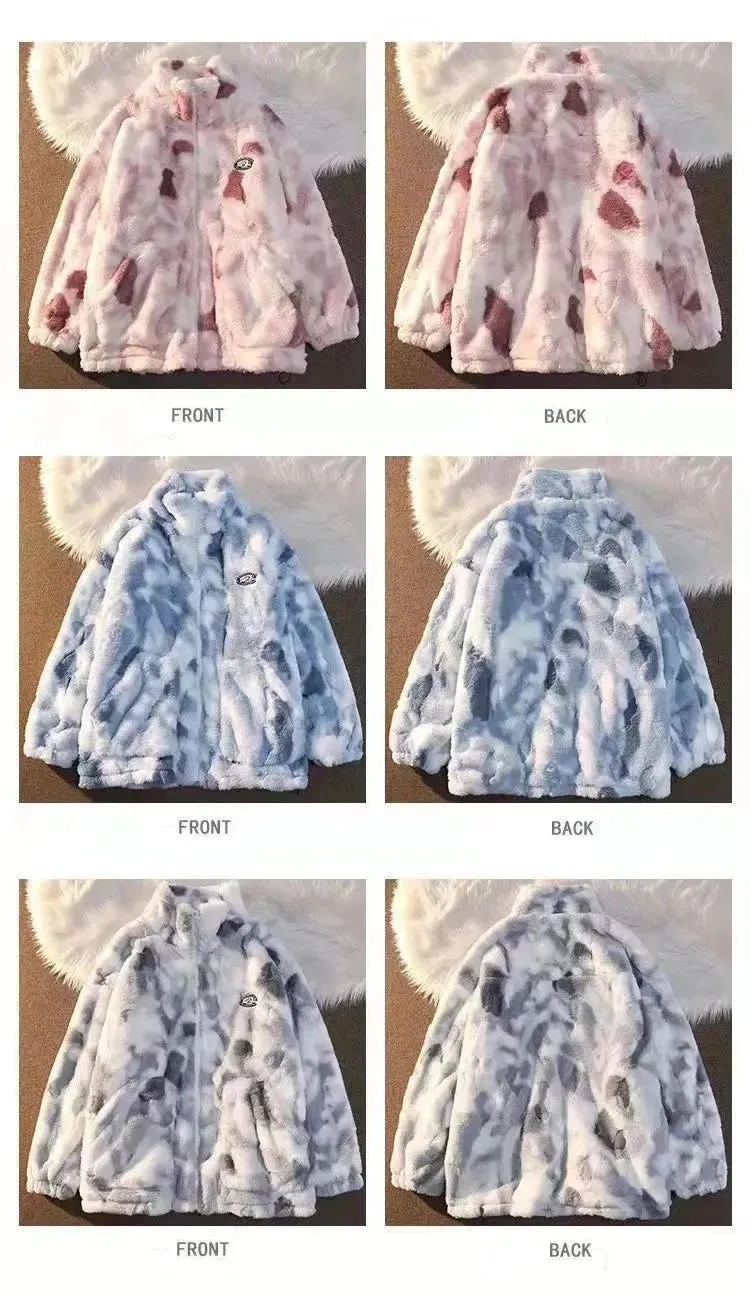 New Women's Tie Dye Lamb Fleece Jacket Autumn Winter Zipper Outerwear