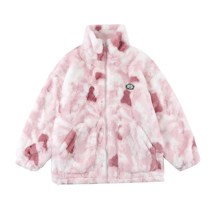 New Women's Tie Dye Lamb Fleece Jacket Autumn Winter Zipper Outerwear