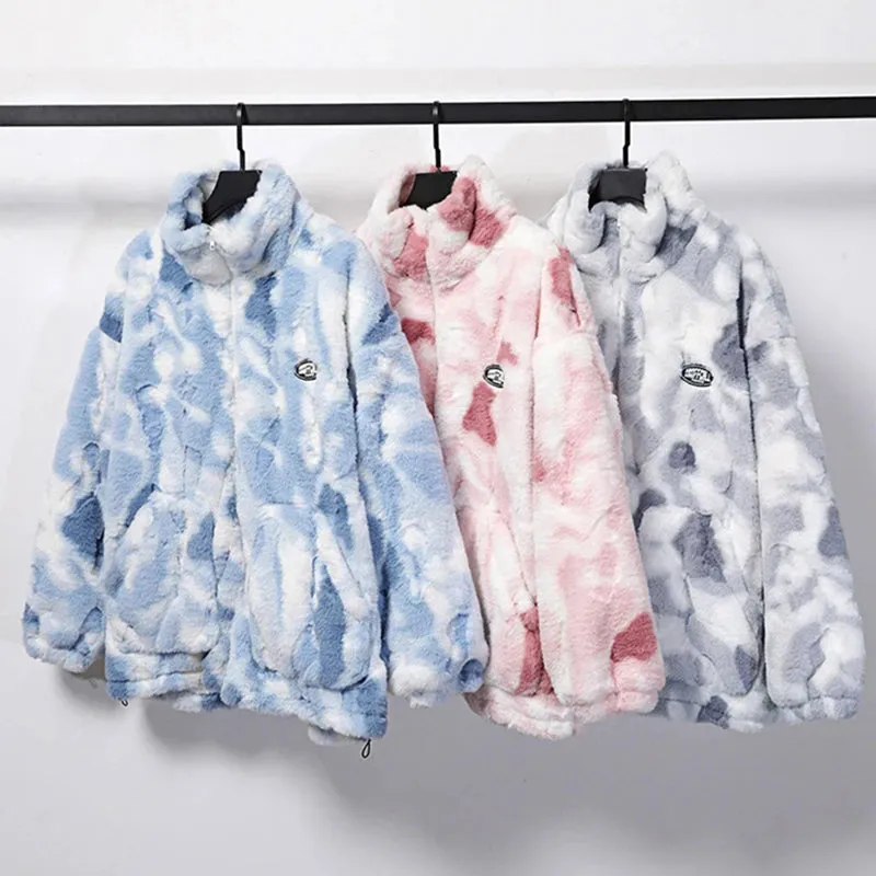 New Women's Tie Dye Lamb Fleece Jacket Autumn Winter Zipper Outerwear