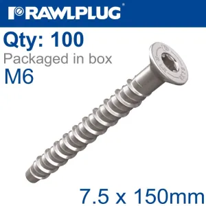 RAWLPLUG CONCRETE SCREWBOLT M6 7.5X150MM CSK HEAD ZINC BOX OF 100 RAW R-LX-06X150-CS-ZP