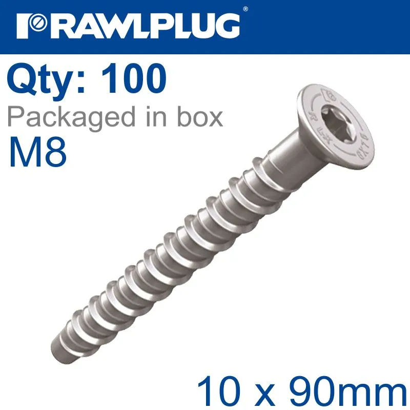 RAWLPLUG CONCRETE SCREWBOLT M8 10X90MM CSK HEAD ZINC BOX OF 100 RAW R-LX-08X090-CS-ZP