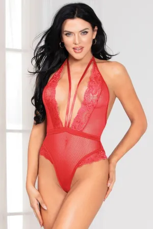 Red Mesh and Lace Teddy with Thong Back