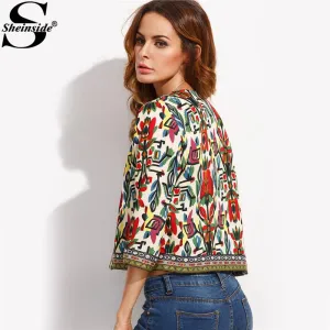 Sheinside Embroidery Outerwear Winter Tribal Print Office Ladies Women Coats and Jackets Vintage Autumn Long Sleeve Coat