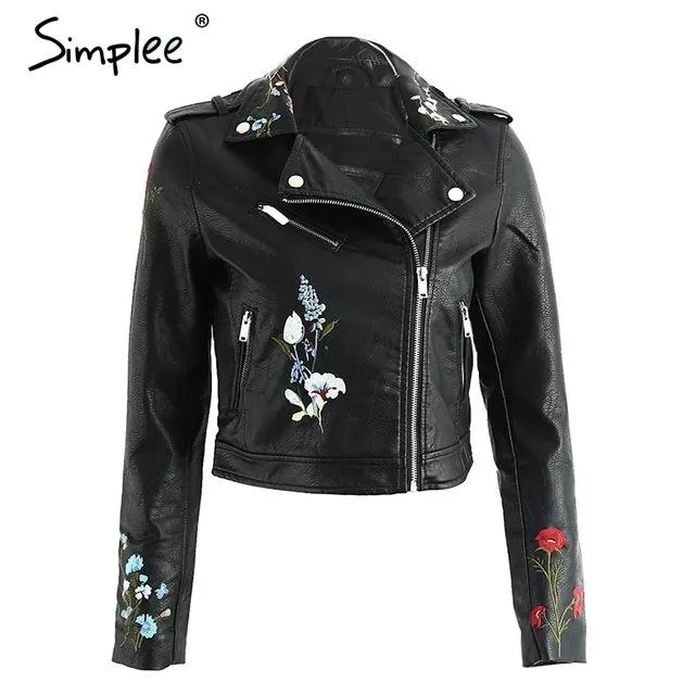 Simplee Embroidery faux leather coat Motorcycle zipper wine red leather jacket women Fashion cool outerwear winter jacket 2017