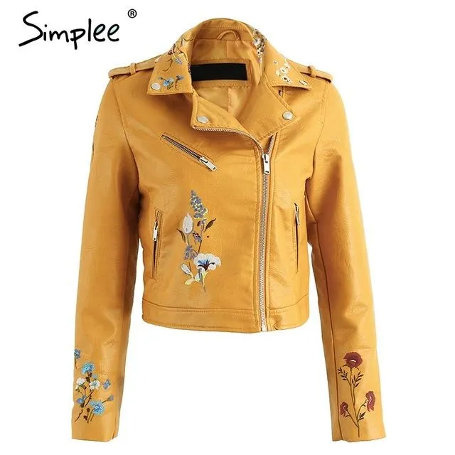 Simplee Embroidery faux leather coat Motorcycle zipper wine red leather jacket women Fashion cool outerwear winter jacket 2017