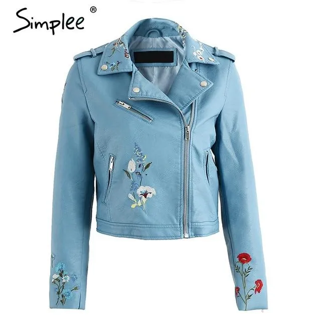 Simplee Embroidery faux leather coat Motorcycle zipper wine red leather jacket women Fashion cool outerwear winter jacket 2017