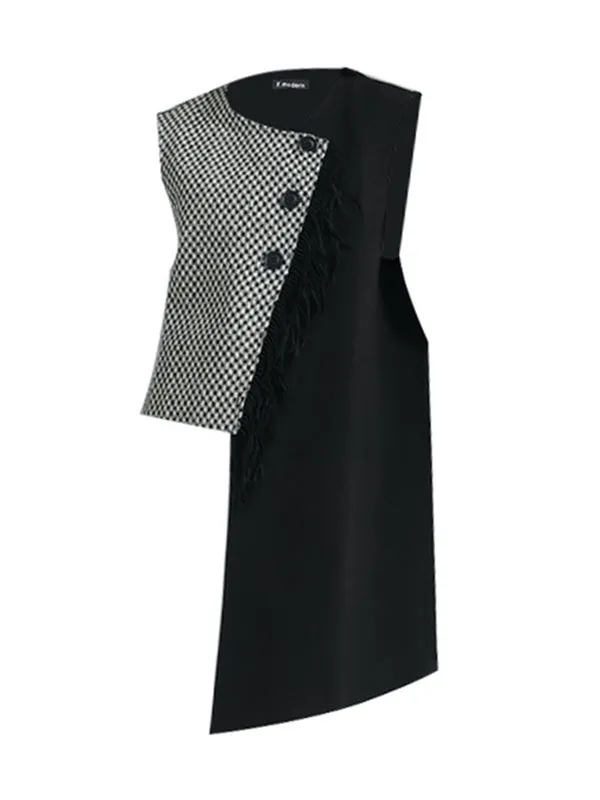 Sleeveless Asymmetric Buttoned Houndstooth Vest Outerwear