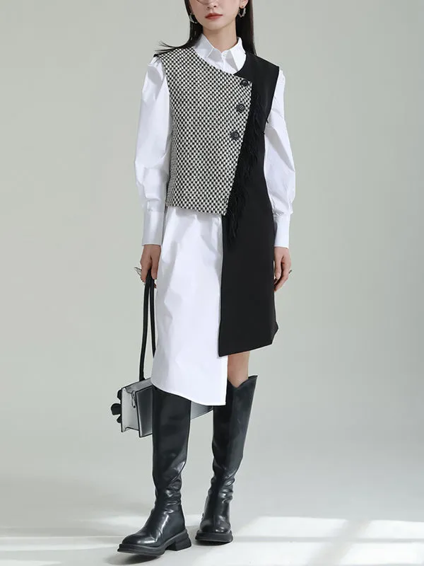 Sleeveless Asymmetric Buttoned Houndstooth Vest Outerwear