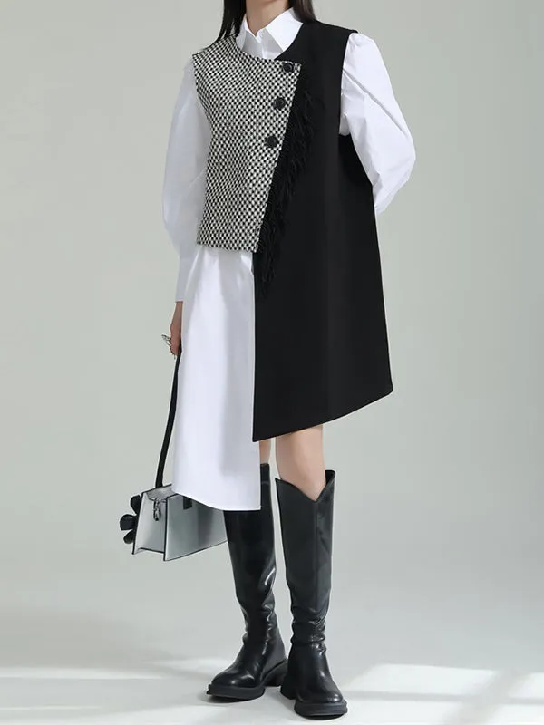 Sleeveless Asymmetric Buttoned Houndstooth Vest Outerwear