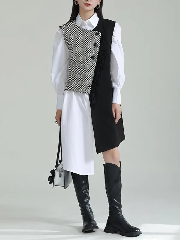 Sleeveless Asymmetric Buttoned Houndstooth Vest Outerwear