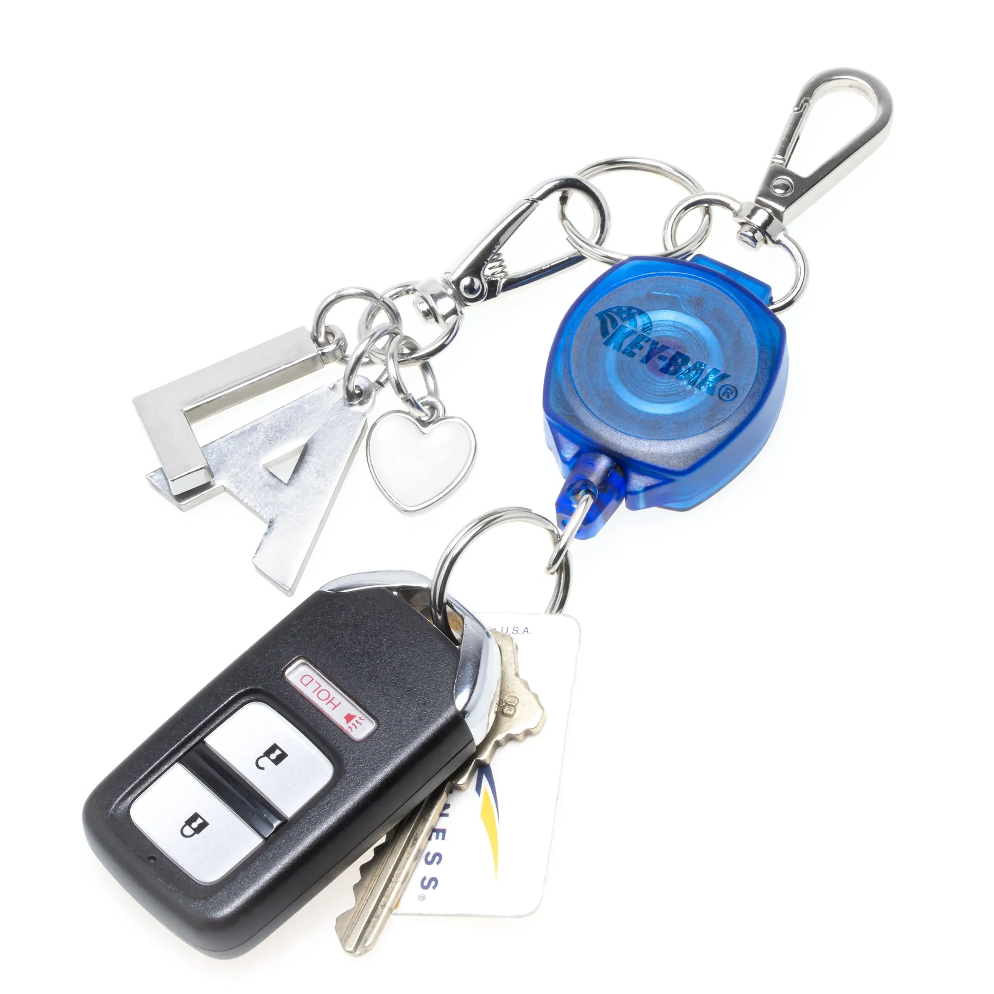 SnapBack Retractable Keychain with 24 Inch Cut Resistant Cord, Charm Ring, and Easy to Use Clip